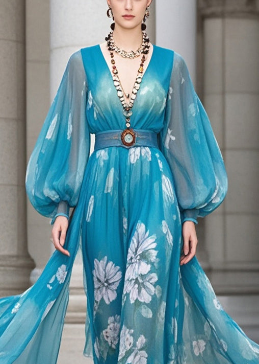 Blue Cinched Print Chiffon Robe Dresses Lantern Sleeve