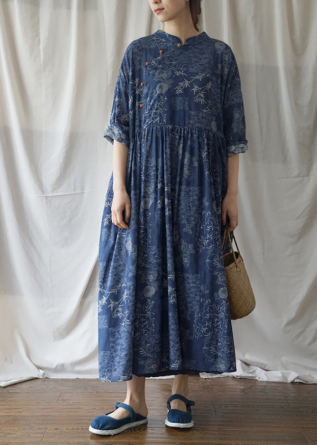 Blue Cinched Print Cotton Maxi Dress Half Sleeve