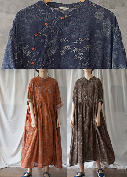 Blue Cinched Print Cotton Maxi Dress Half Sleeve