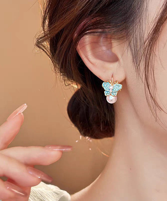 Blue Copper Alloy Enamel Butterfly Pearl Stud Earrings