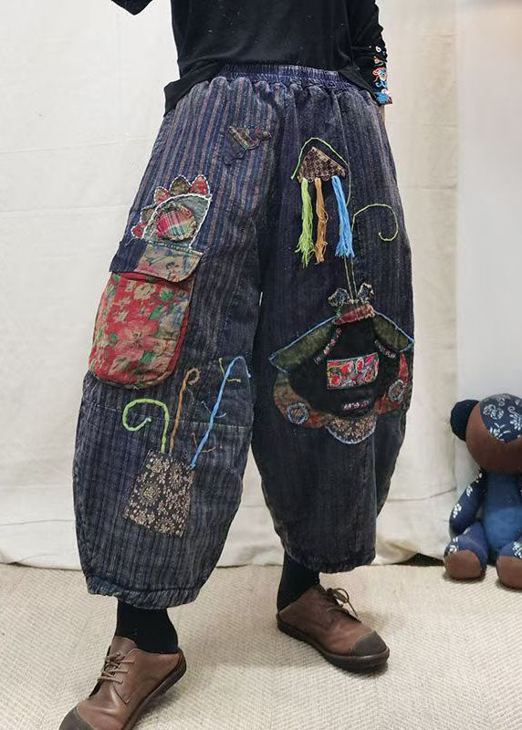 Blue Embroidered Patchwork Fine Cotton Filled Pants Winter