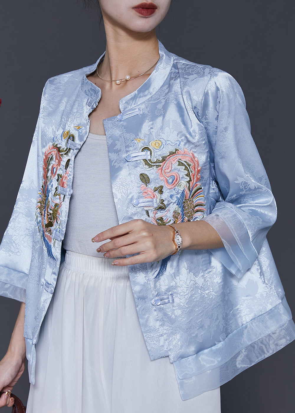 Vintage Blue Embroidered Patchwork Oriental Silk Blouses Spring
