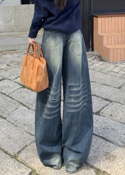Blue Embroidered Pockets Denim Wide Leg Pants Spring