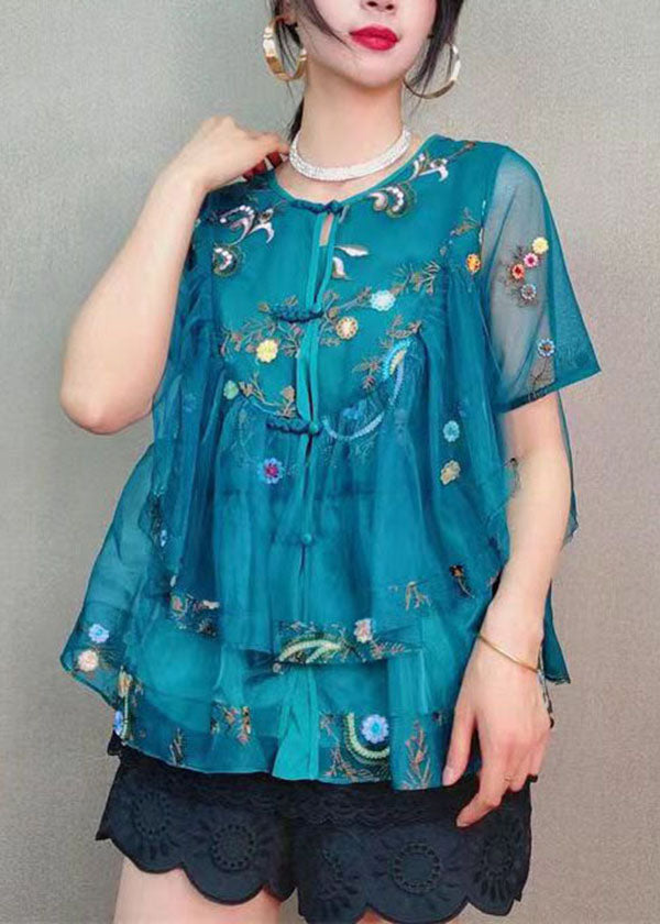 Blue Embroideried Button Patchwork Tulle Blouse Top Summer