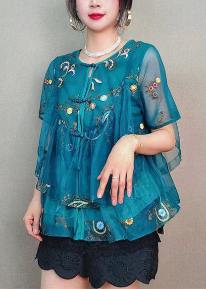 Blue Embroideried Button Patchwork Tulle Blouse Top Summer