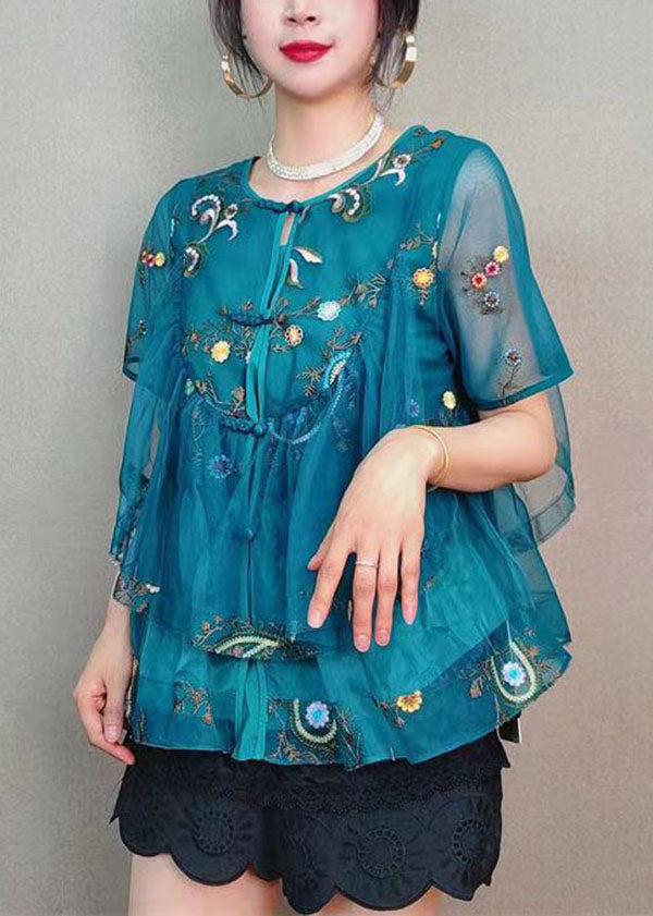 Blue Embroideried Button Patchwork Tulle Blouse Top Summer