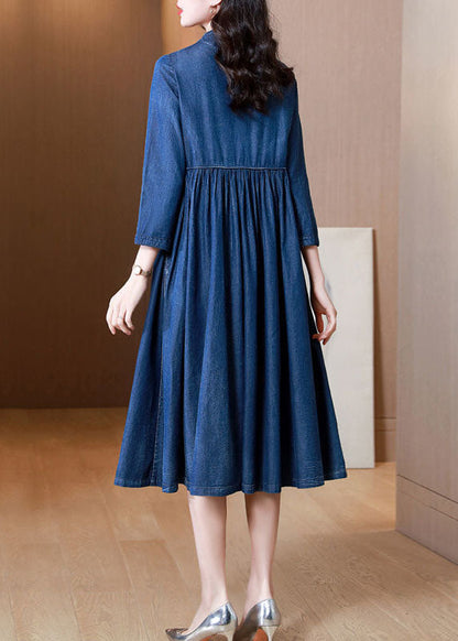Blue Embroideried Exra Large Hem Cotton Denim Dress Bracelet Sleeve