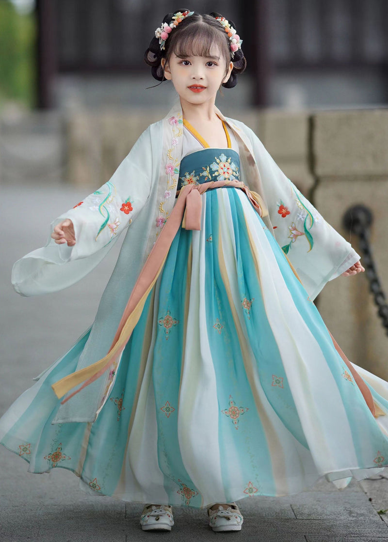 Blue Embroideried Wrinkled Patchwork Chiffon Kids Long Dresses Summer