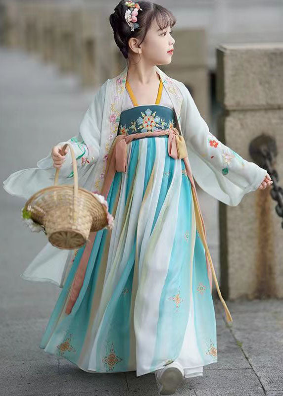 Blue Embroideried Wrinkled Patchwork Chiffon Kids Long Dresses Summer