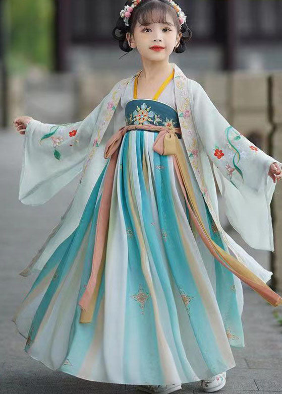 Blue Embroideried Wrinkled Patchwork Chiffon Kids Long Dresses Summer