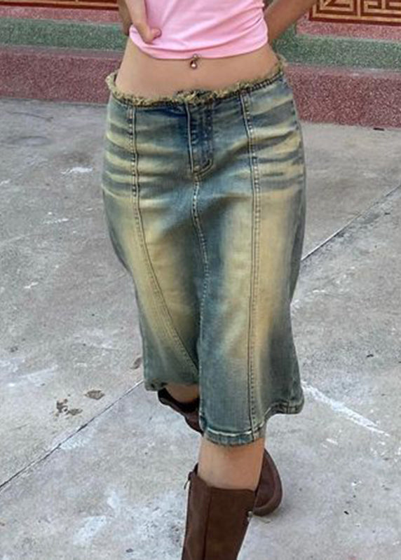 Blue Gradient Color Zip Up High Waist Patchwork Denim Skirt Fall