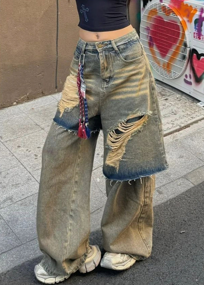 Blue High Waist Fake Two Pieces Hole Denim Pants Spring