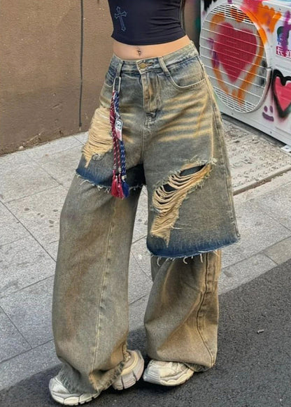 Blue High Waist Fake Two Pieces Hole Denim Pants Spring