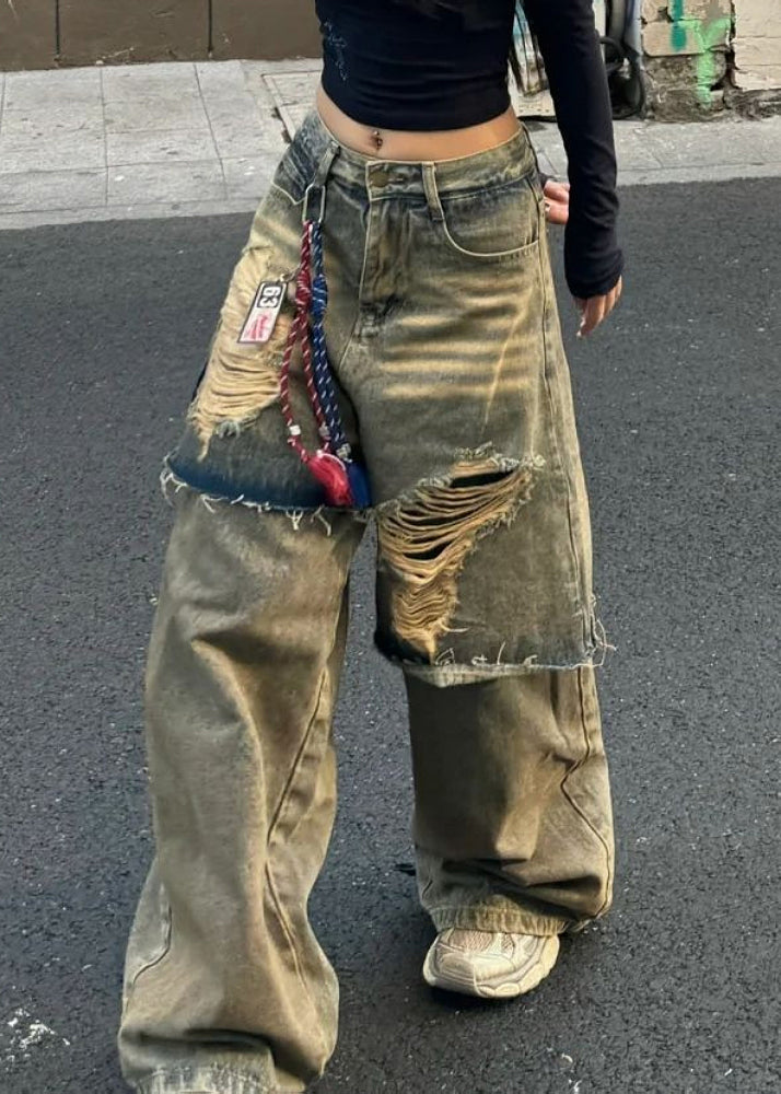 Blue High Waist Fake Two Pieces Hole Denim Pants Spring