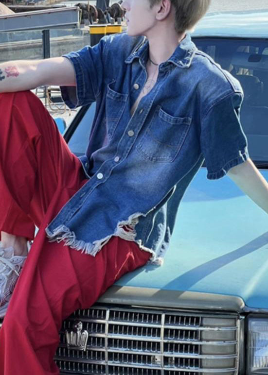 Blue Hole Button Denim Shirts Summer