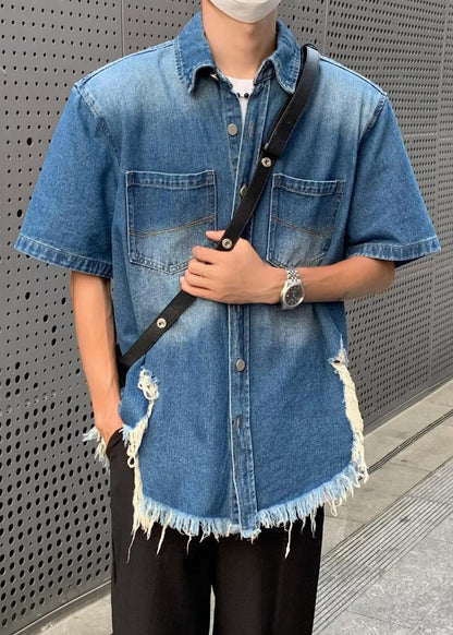 Blue Hole Button Denim Shirts Summer