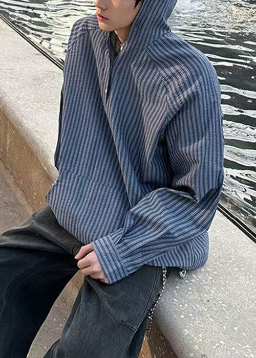 Blue Hooded Striped Button Cotton Shirts Spring