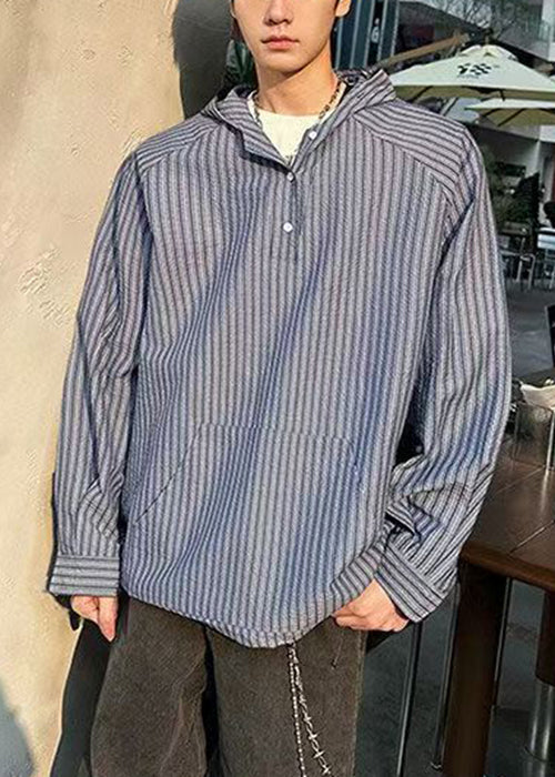 Vintage Blue Hooded Striped Button Cotton Men's Shirts Spring