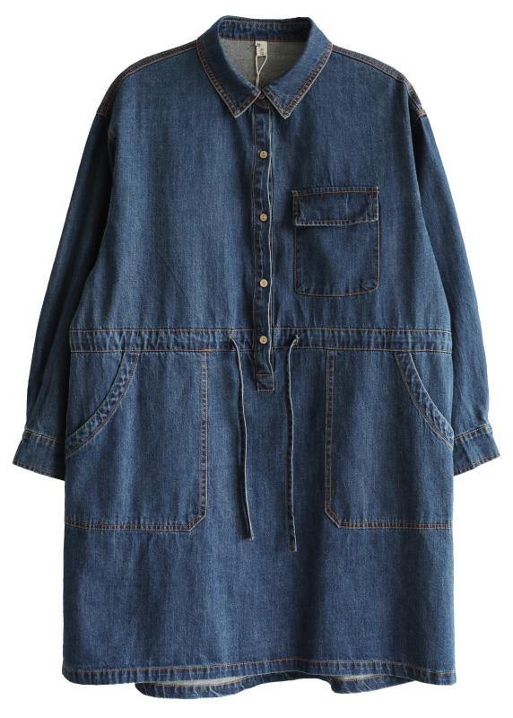 Blue Long Sleeve Cotton Spring Dress