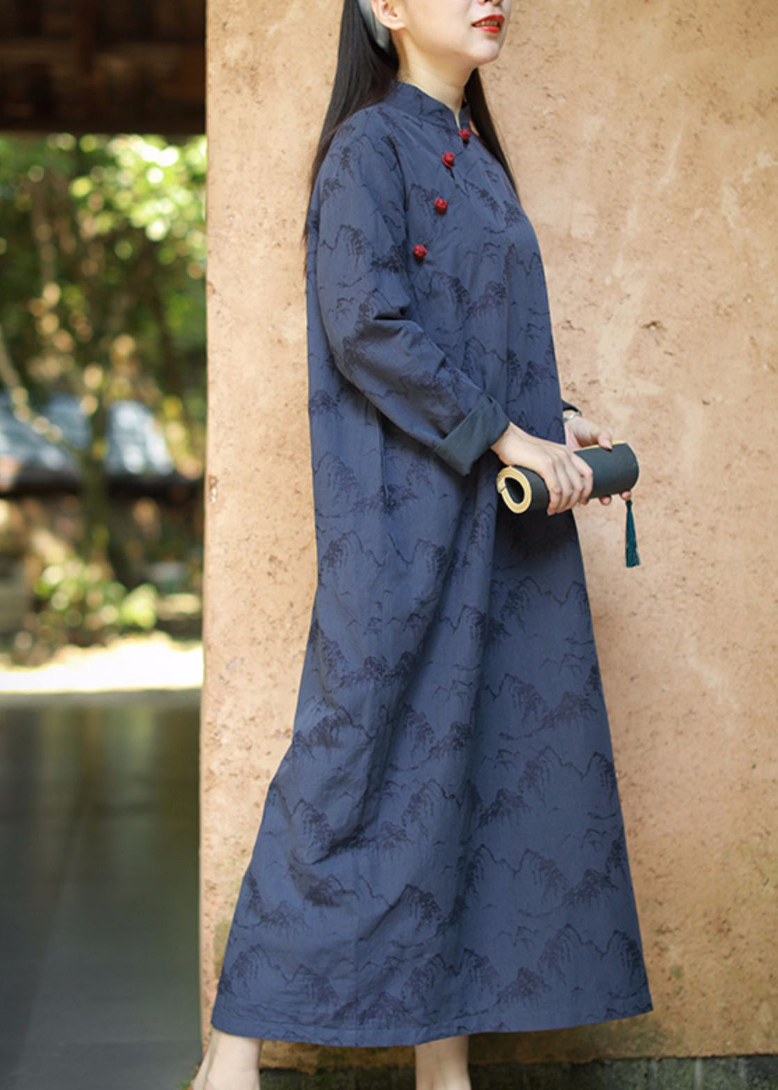Blue Mandarin Collar Button Print Dresses Caftan Long Sleeve