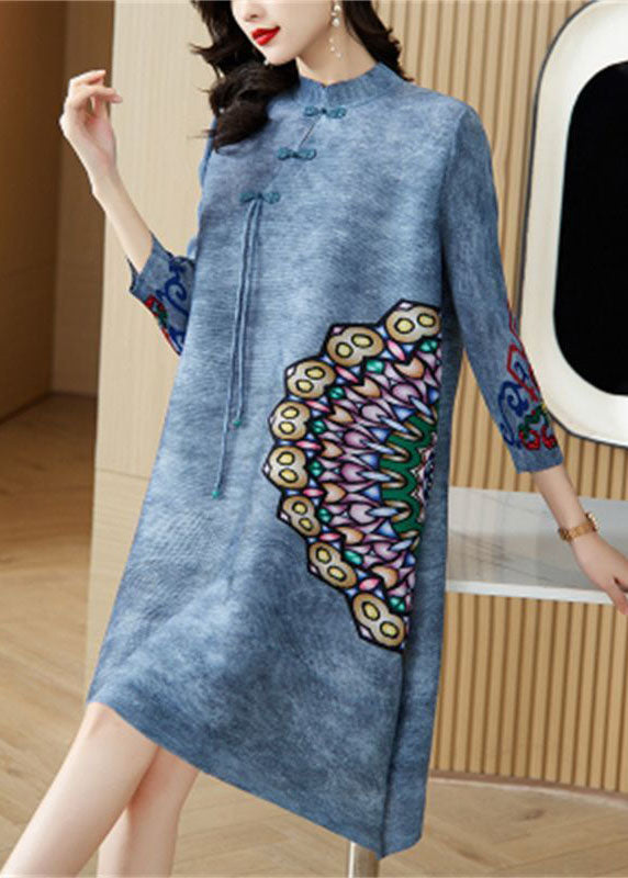 Blue Mandarin Collar Print Oriental a Line Dress Spring