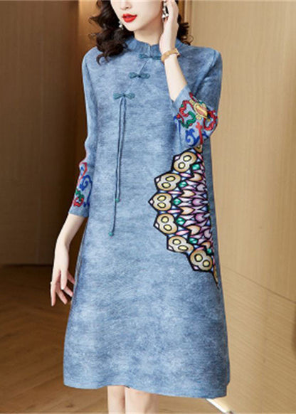 Blue Mandarin Collar Print Oriental a Line Dress Spring