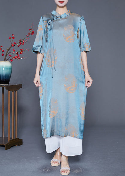 Blue Mandarin Collar Print Silk Long Dresses Summer