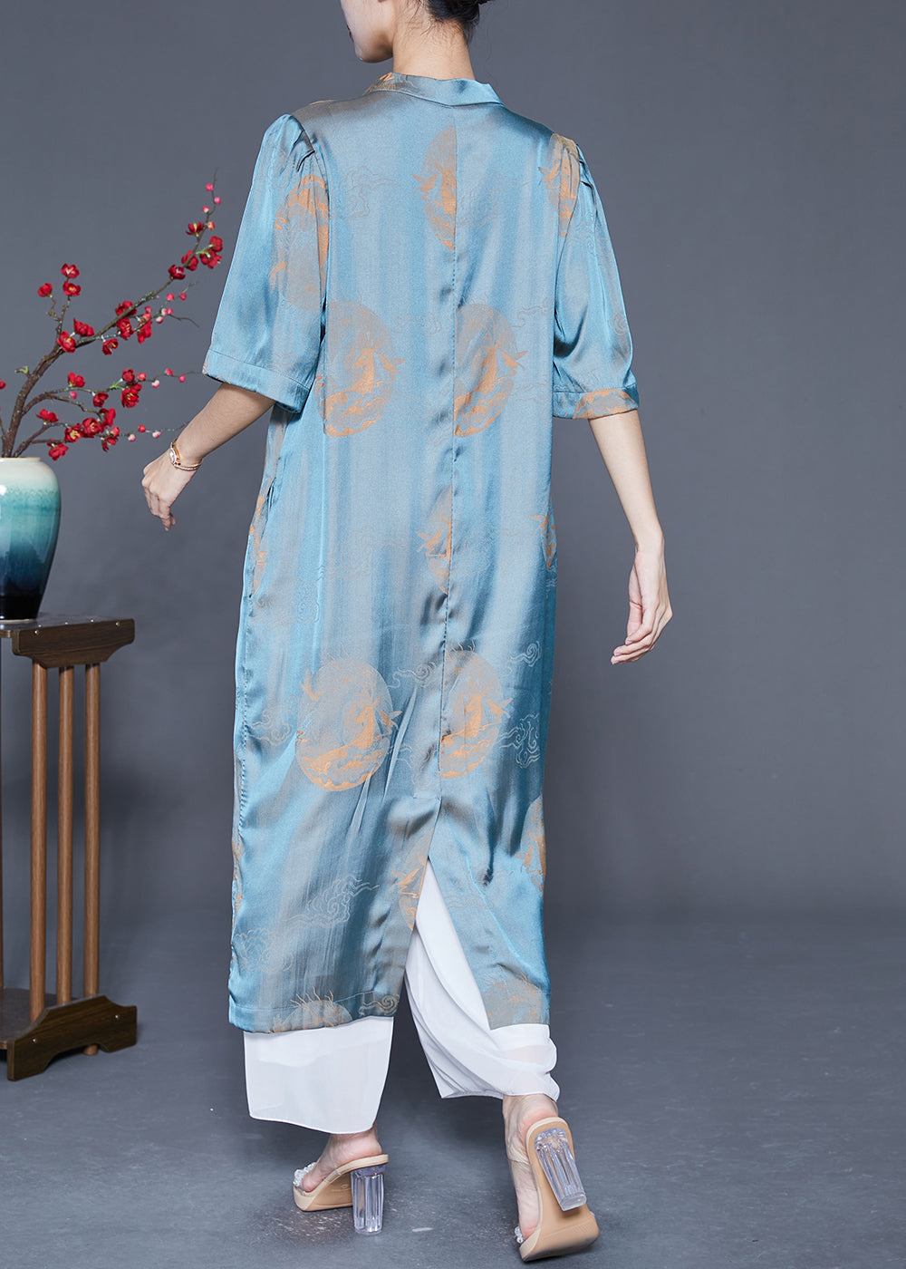 Blue Mandarin Collar Print Silk Long Dresses Summer