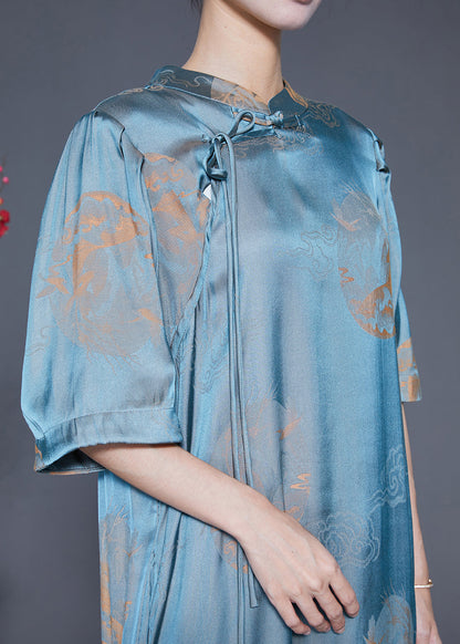 Blue Mandarin Collar Print Silk Long Dresses Summer