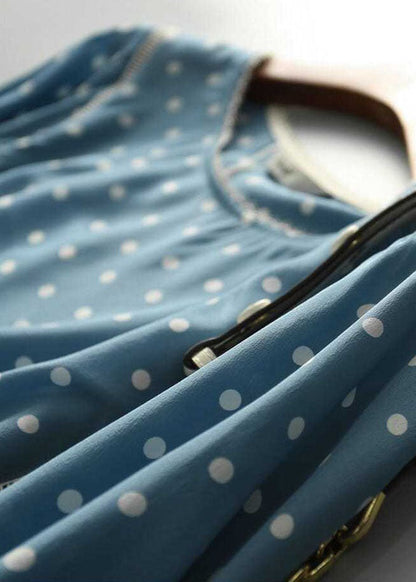 Blue O-neck Dot Print Silk Blouse Tops Summer