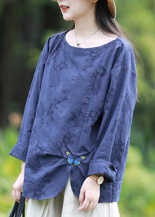 Blue O-neck Jacquard Butterfly Embroideried Cotton Blouses Top Spring