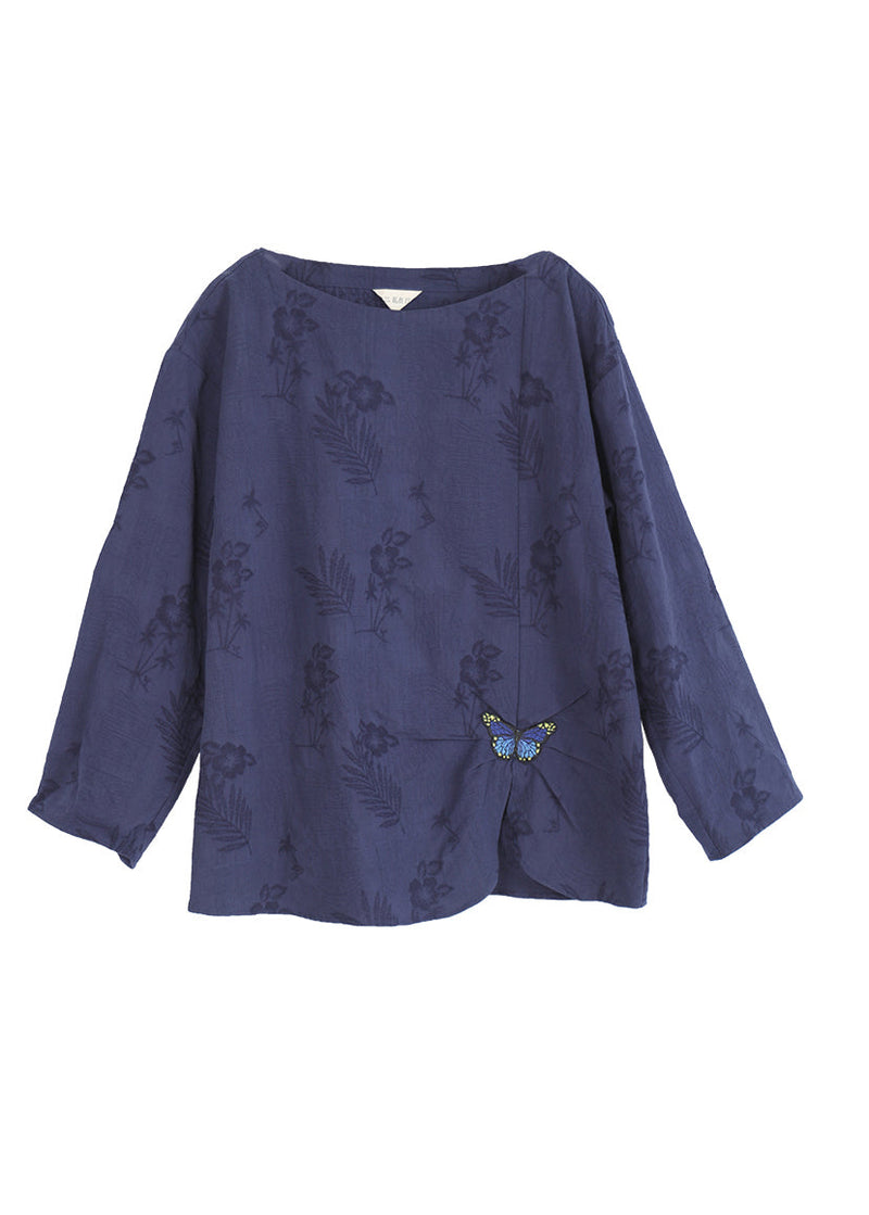 Blue O-neck Jacquard Butterfly Embroideried Cotton Blouses Top Spring