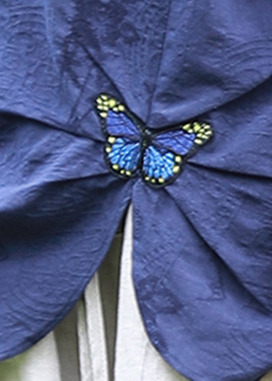 Blue O-neck Jacquard Butterfly Embroideried Cotton Blouses Top Spring