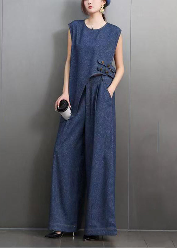 Blue O-neck Navy Asymmetrical Denim Top and Wide Leg Pants Two Pieces Set Summer