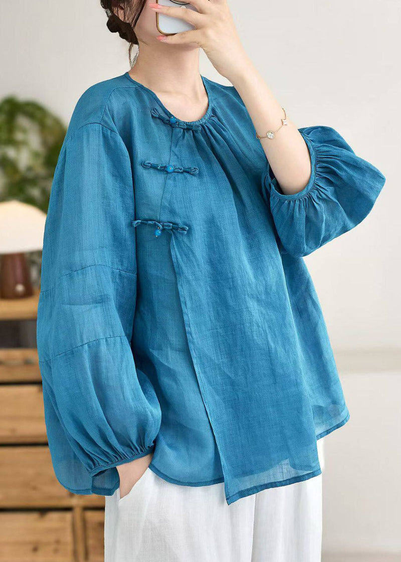 Blue O Neck Oriental Button Linen Shirt Top Lantern Sleeve