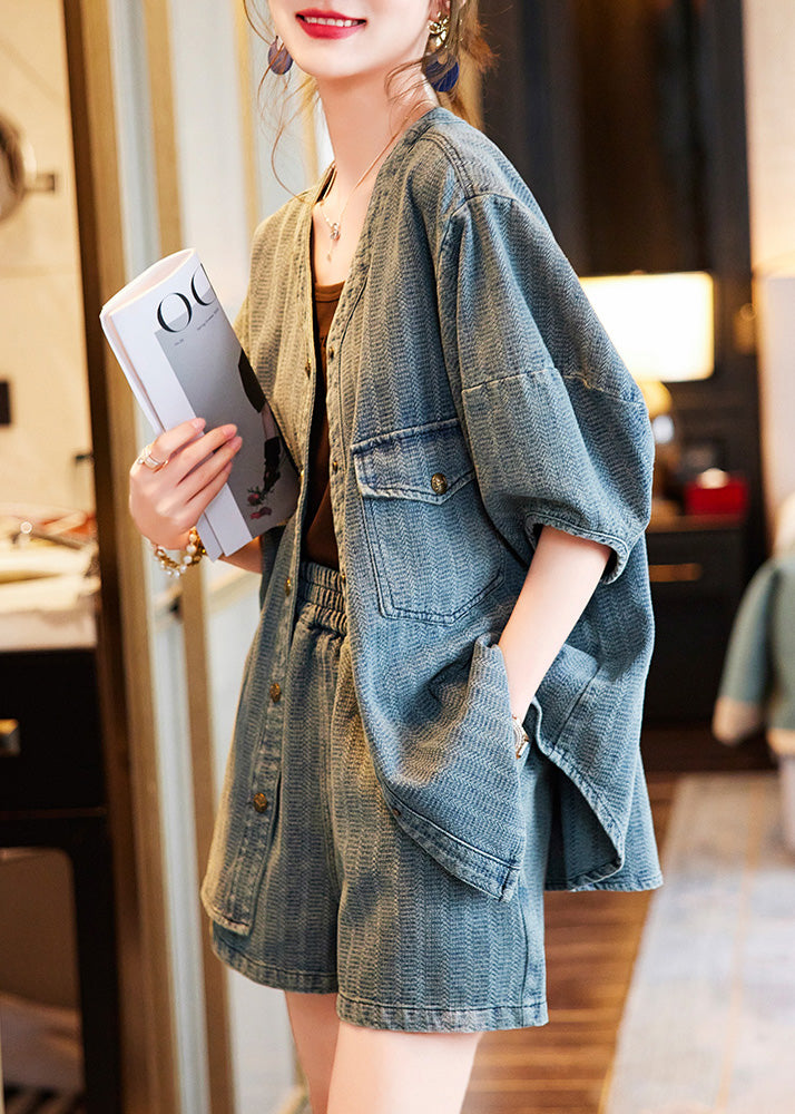 Blue O-neck Patchwork Denim Shirt and Shorts Two Pieces Set Summer