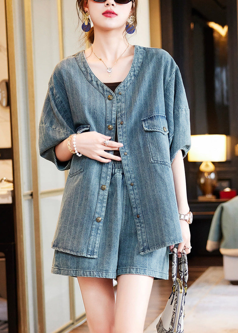 Blue O-neck Patchwork Denim Shirt and Shorts Two Pieces Set Summer