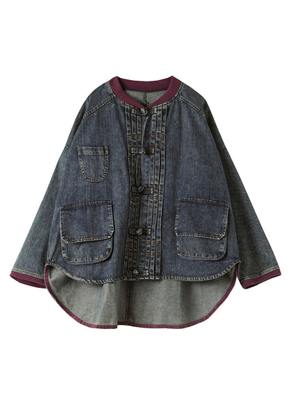 Blue O-neck Patchwork Low High Design Cotton Denim Coats Spring
