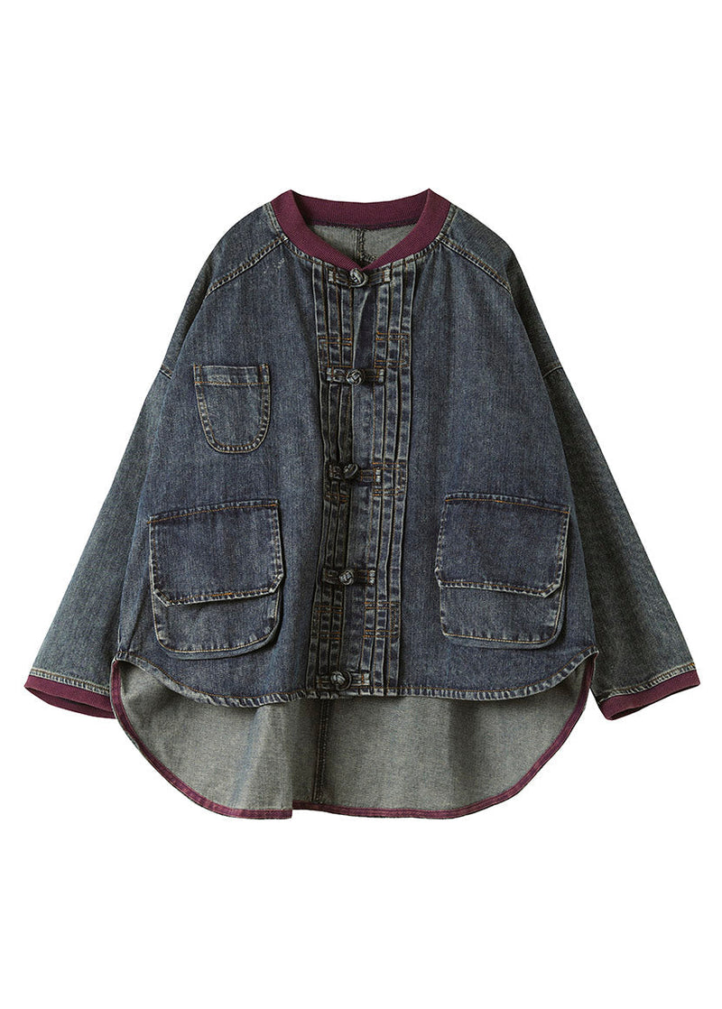 Blue O-neck Patchwork Low High Design Cotton Denim Coats Spring