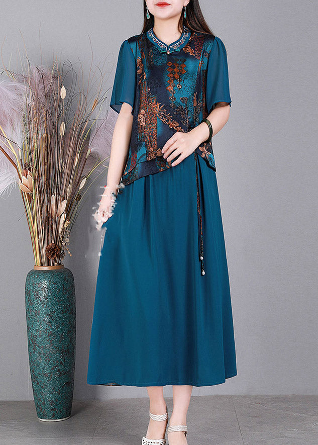 Blue O-neck Print Silk Long Dresses Short Sleeve