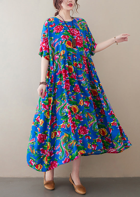 Blue O-neck Wrinkled Print Long Dress Short Sleeve