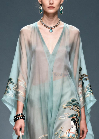 Blue Oversized Print Chiffon Long Dresses Summer