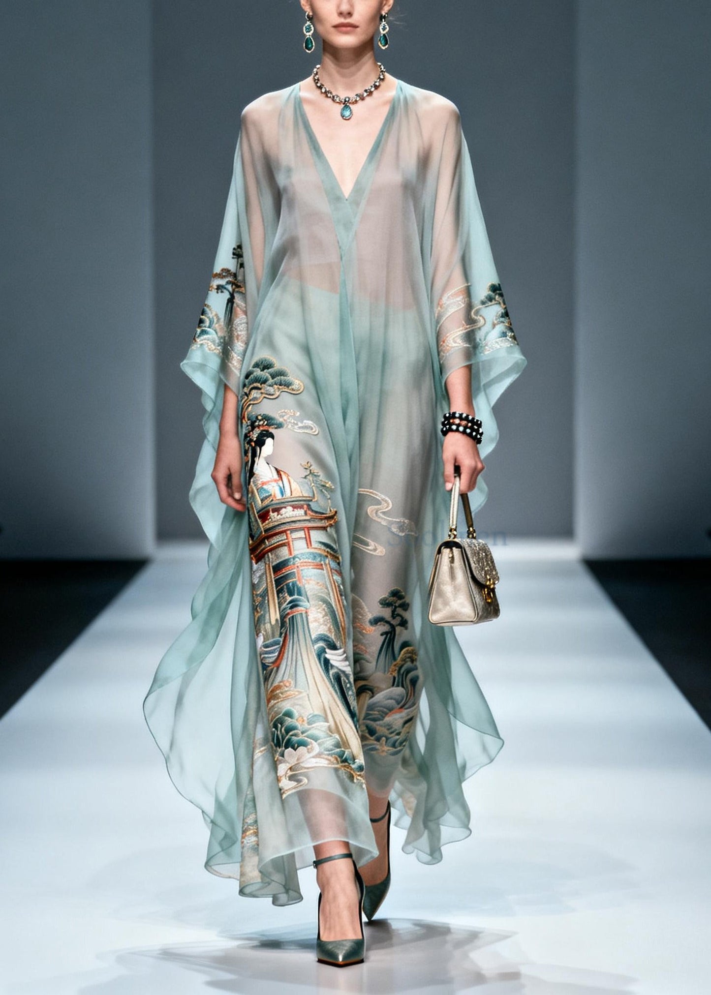 Blue Oversized Print Chiffon Long Dresses Summer