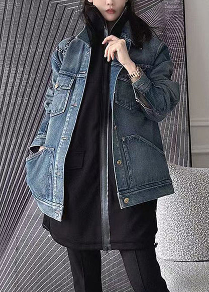Blue Patchwork Button Denim Coat Long Sleeve