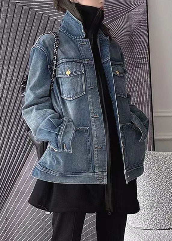 Blue Patchwork Button Denim Coat Long Sleeve