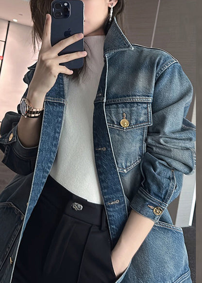Blue Patchwork Button Denim Coat Long Sleeve