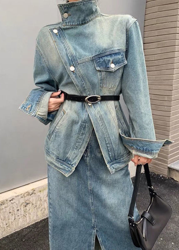 Blue Patchwork Button Sashes Denim Coats Fall