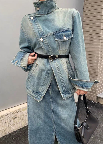 Blue Patchwork Button Sashes Denim Coats Fall