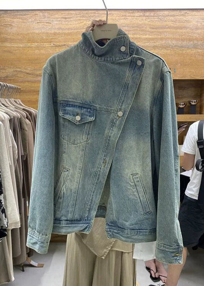 Blue Patchwork Button Sashes Denim Coats Fall