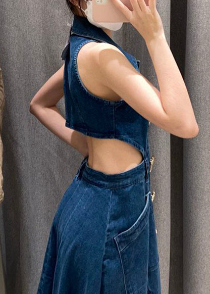 Blue Peter Pan Collar Patchwork Pockets Hollow Out Denim Long Dresses Summer